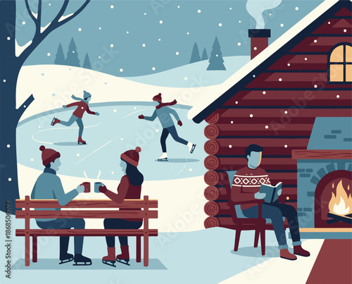 Winter fun activities: ice skating, hot drinks, and reading by a warm fireplace