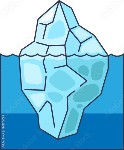 A vector iceberg with a small tip above water and a massive base below. It symbolizes hidden depth, subconsciousness, and the 'tip of the iceberg' concept in risk and data analysis.