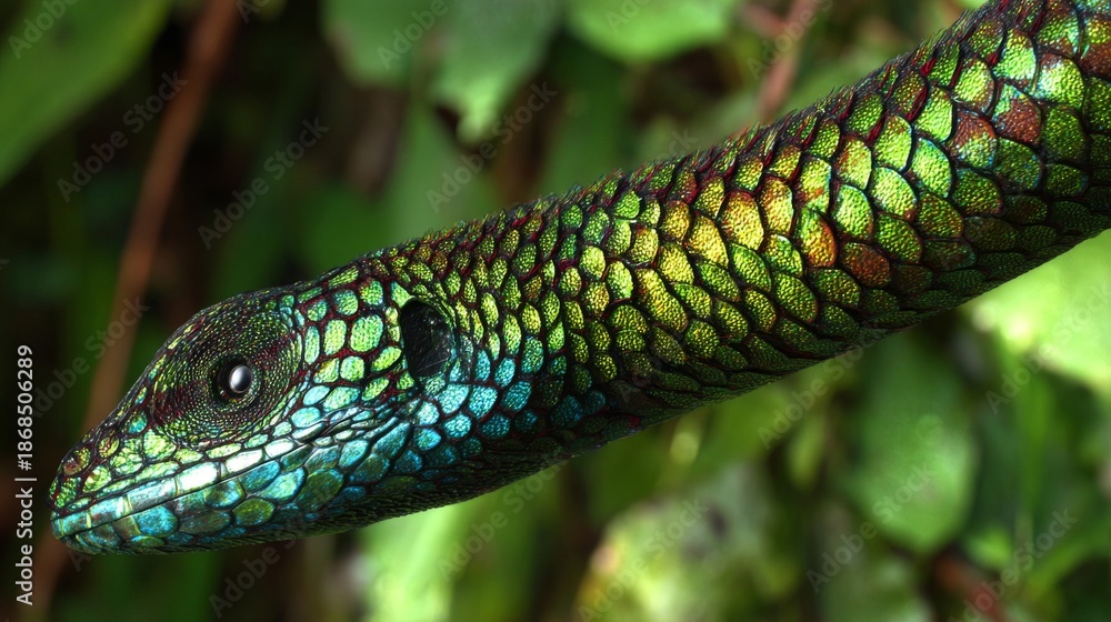 Fototapeta premium Intricate textured scales of a vibrant chameleon's flank displaying a stunning mosaic of green, blue, and yellow colors in a natural setting