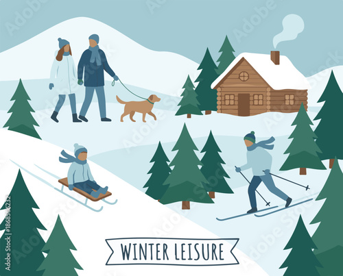 Winter leisure activities in snowy mountain landscape with a cozy cabin