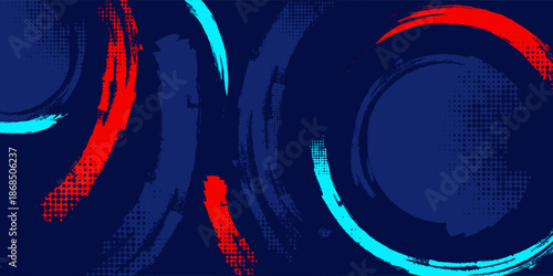 Dark blue abstract background featuring expressive red and cyan paint brush strokes with halftone dot textures and a street-style aesthetic