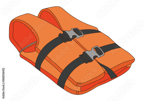 Orange life jacket, personal flotation device for emergency water safety, designed for protection in aquatic environments, boating, and swimming safety illustration.