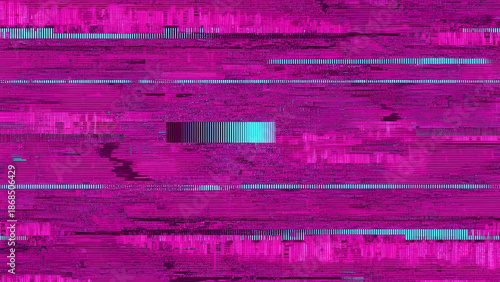 Vivid magenta and cyan abstract digital glitch art background with geometric disturbances