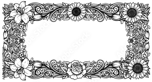 Intricate floral border with sunflowers and roses in black and white