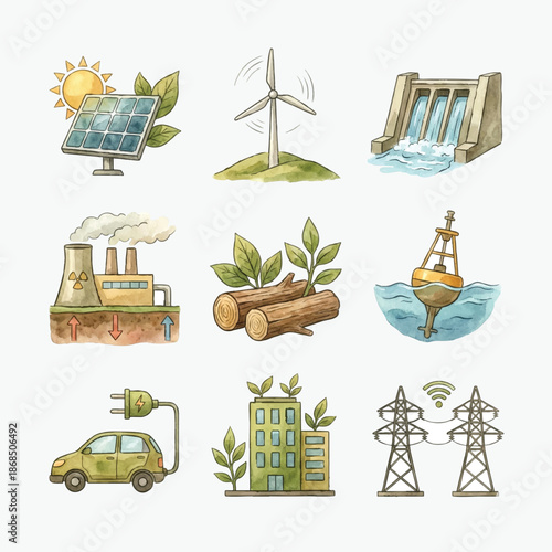 Watercolor Vector Illustration Set of Renewable Energy Sources and Environmental Sustainability Icons