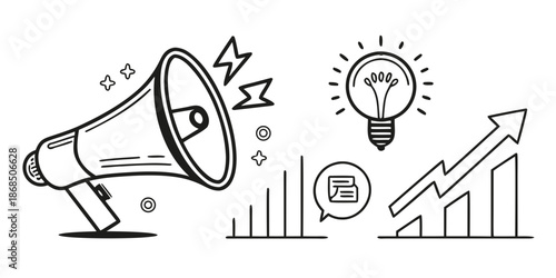 Illustration of a Megaphone, Bar Chart, and Lightbulb symbolizing marketing, growth, and ideas in business