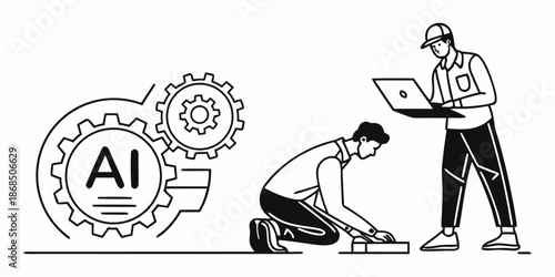 Conceptual illustration depicting human ingenuity and technological advancement with artificial intelligence, showcasing development and problem-solving in a modern tech environment