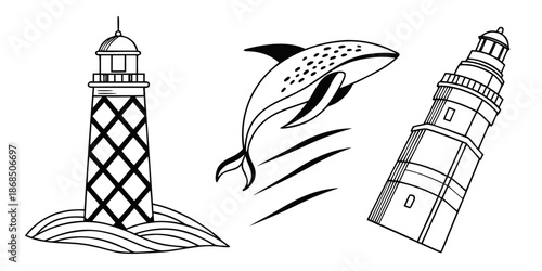 Captivating black and white line art collection showcasing iconic maritime symbols two distinctive lighthouses and a dynamically jumping whale, perfect for ocean-inspired themes