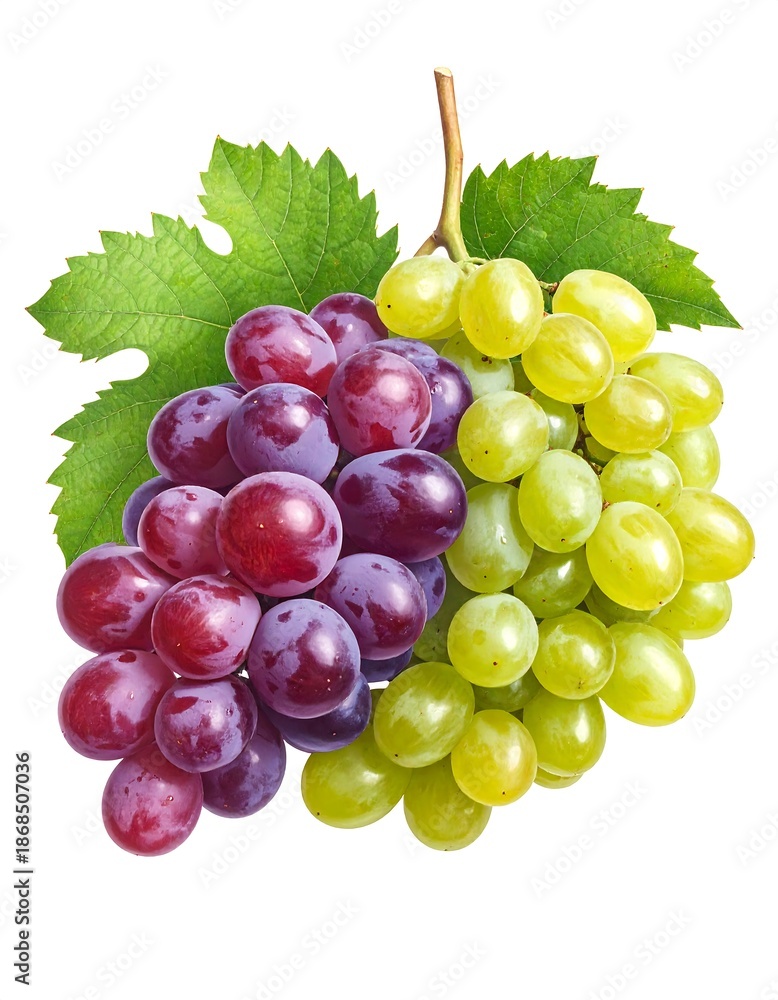 Fototapeta premium A close-up studio shot shows a bunch of mixed grapes with vibrant hues of red, purple, and green. The grapes hang with fresh green leaves