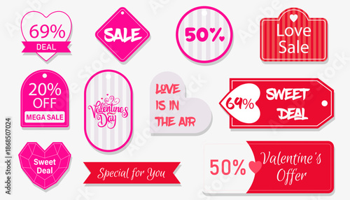 A collection of red and pink discount badges, price tags, and promotional labels. Vector illustration of heart-shaped and round icons for February 14th shopping offers. Perfect for website banners, fl