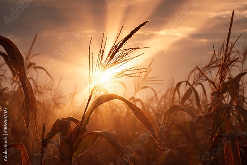 Brilliant sunlight streams through tall maize stalks in a warm field at dawn or dusk