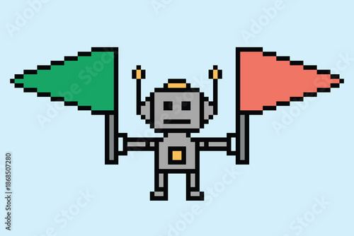 Cartoon robot ai chat bot robotic with 8 bit background toy humanoid engineer business automation cyborg pixel art.