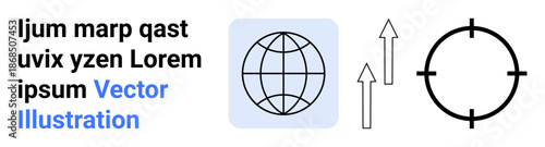 Digital transformation, business growth, connectivity, data transfer, targeting, analytics. A globe, ascending arrows and circular target symbols. Connectivity and business growth visualization