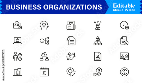 Business Organizations Line Icon Set – Professional Modern And Minimal Outline Symbols For Corporate Branding