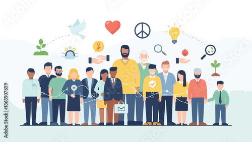 Diverse Group of People with Social Responsibility and Community Icons Vector Illustration