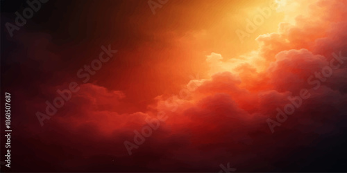 A dramatic abstract cloudscape features fire and smoke rising through a stormy blue sky as sunlight breaks through dark clouds during a nature-inspired sunset
