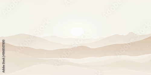 Vector illustration of a desert and mountain landscape featuring a sunset sky with clouds, orange sun, and morning mist over the valley hills at dawn