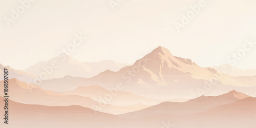 Panoramic mountain range landscape at sunrise with peaks rising through morning mist and clouds against a glowing horizon sky