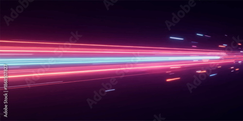 A vibrant motion blur background of night city traffic features glowing light trails and purple energy waves flowing across a dark road with speed and technological texture