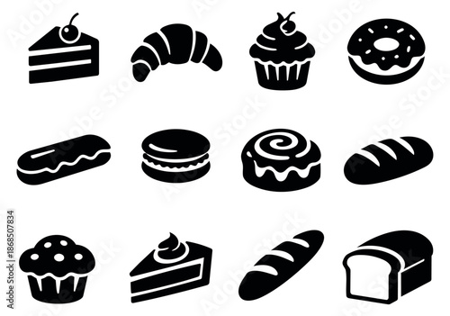 Graphic bakery and dessert set featuring croissants, cakes, and bread for food service design