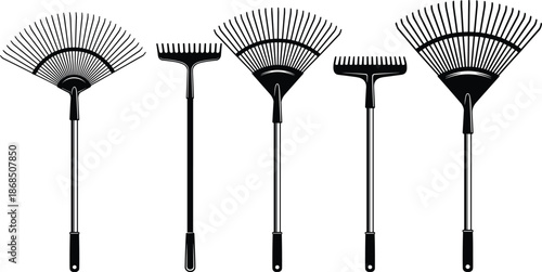 Professional Garden Rake Tool Silhouettes Featuring Various Leaf Rakes And Soil Leveling Heads, Black Industrial Hardware Vector Illustration For Gardening