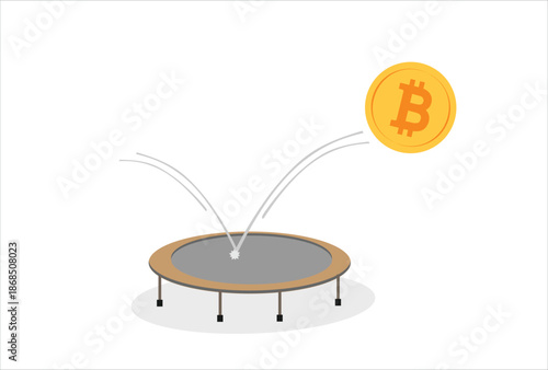 Bitcoin price rebound, crypto currency bounce back to rising up after falling down concept, golden bitcoin bounce back on the trampoline rising up on price graph.