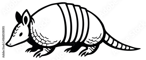 Hand drawn line art illustration of an armadillo depicting a walking pose for nature and animal designs