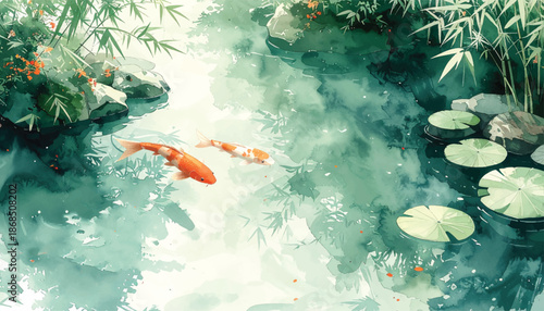 Lilypond koi landscape for eco product branding use. Green bamboo water illustration ideal for spa brochures. Peaceful lotus scene perfect for meditation UI backgrounds