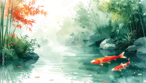 Bamboo creek scene for resort advertising visuals. Autumn koi stream artwork suited for mindfulness promos. Serene garden waterscape perfect for luxury brand stories