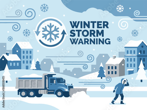 Winter Storm Warning Illustration with Snowplow and Person in Blizzard