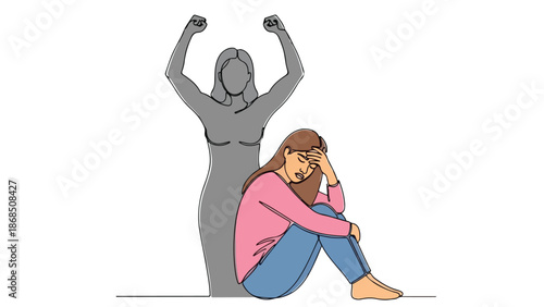 Sad Depressed Woman with Inner Strength Shadow Illustration