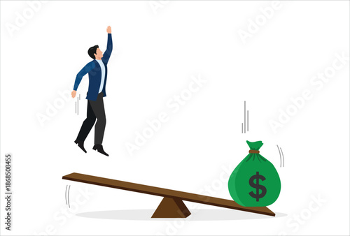 Business loan or venture capital funding to start new company or money help to survive crisis, stimulus budget concept, big money dollar bag fall on seesaw to help business owner jump flying high.