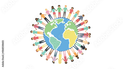 Diverse Group of People Holding Hands Around Earth Globe Illustration
