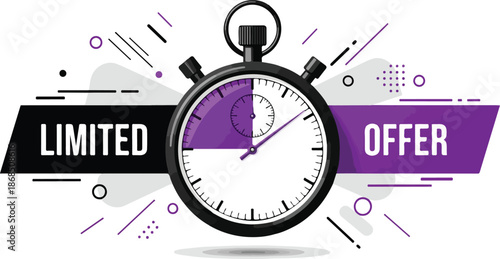 Limited offer with clock for promotion, banner, price. Super promo with countdown or exclusive deal. Last minute offer one day sales and timer. Last minute chance Auction tag