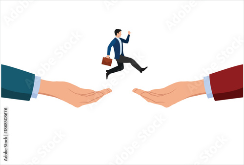 Change job or career, escape from toxic office, determination and courage to change to better place, improvement or progression concept, confidence businessman jumping from giant hand to new place.