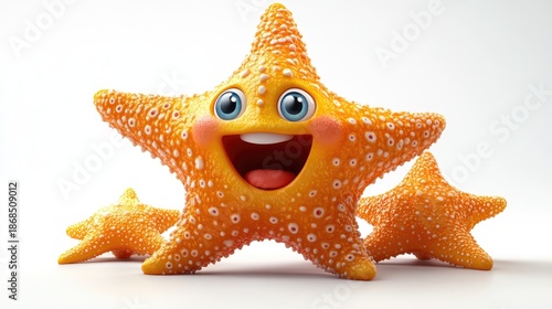 A vibrant, animated orange starfish with big expressive eyes and a wide smile stands proudly in the foreground, flanked by two smaller starfish in the background.
