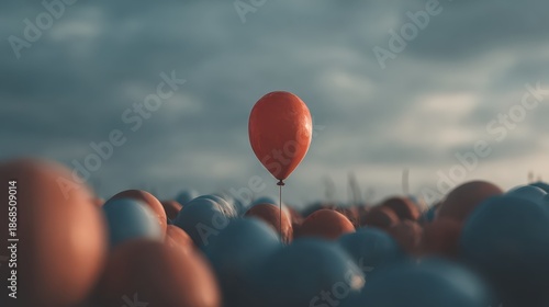 One red balloon stands out above many blue and orange colored balloons. This symbolizes leadership, uniqueness, or standing out from the crowd.