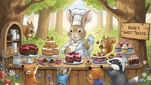 Whimsical forest bakery with rabbit chef and friends enjoying sweet treats