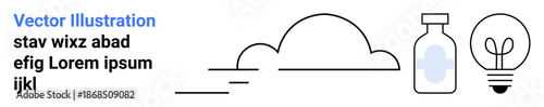 Healthcare, innovation, minimalism, sustainability, pharmaceutical concepts, energy ideas. Line art of a cloud, medicine bottle and lightbulb. Healthcare and innovation