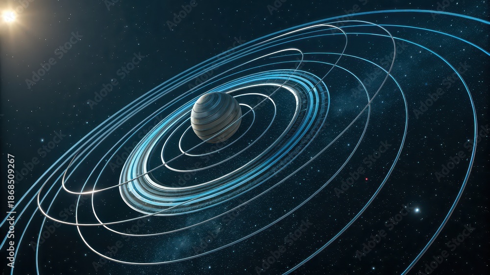 Obraz premium Futuristic space art with planet and dynamic rings, cosmic digital illustration of orbit and stars for science fiction, astronomy content, tech presentations, or space-themed visuals