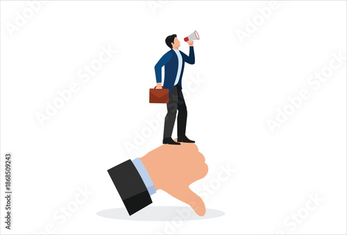 Discredit or blame other people, bullying and discourage speaking, fake news or negative feedback concept, bad businessman with megaphone discredit and blaming other people on thumb down symbol.