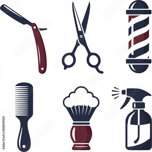 Professional barber shop and grooming icons. Flat vector set featuring straight razors, scissors, and barber poles. High-quality red and blue graphics isolated on white.