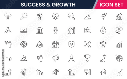 Success and growth icons illustrating achievement, progress, goals, upward trends, motivation, milestones, performance, strategy, and development.