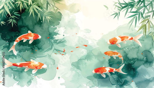 Koi watercolor pond backdrop for wellness packaging design. Dreamy fish illustration ideal for spa brand headers. Soft aquatic art scene perfect for calming app screens