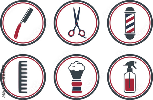 Professional barber shop and grooming icons. Flat vector set featuring straight razors, scissors, and barber poles. High-quality red and blue graphics isolated on white.