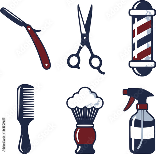 Professional barber shop and grooming icons. Flat vector set featuring straight razors, scissors, and barber poles. High-quality red and blue graphics isolated on white.