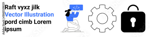 Software development, cybersecurity, data protection, coding, IT processes, secure systems. A person coding next to gear and lock icons. Software development and cybersecurity