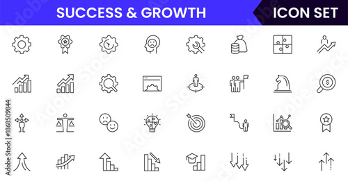 Success and growth icons illustrating achievement, progress, goals, upward trends, motivation, milestones, performance, strategy, and development.