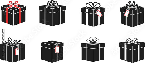 Gift, box, present, black, ribbon, bow, tag, red, white, festive, holiday, celebration, puzzle, compare, match, layout, unique, variation, vector, design