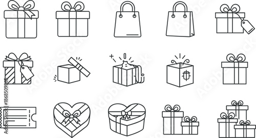 Gift, box, icon, packaging, black, white, line, art, present, shopping, bag, bow, coupon, heart, stack, festive, holiday, vector, illustration, design
